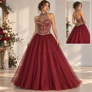 Izilady Burgundy Rhinestone Corset Tulle Ball Gown Halter Neck Prom Dress 12